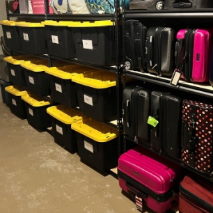 Organized basement storage with yellow labeled bins and a suitcase collection on shelving by Imagine Organizing — Home Organizing in Riverdale