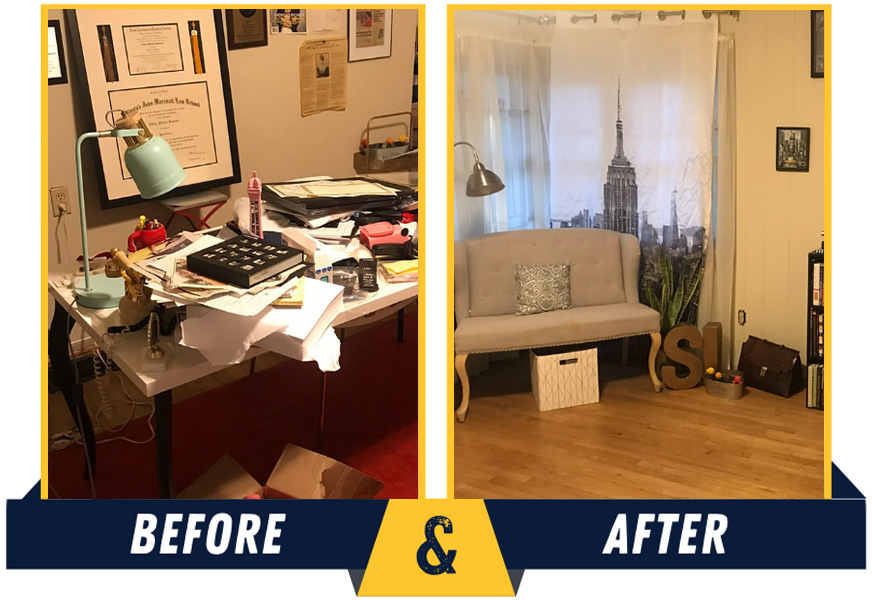 Before and after transformation of a cluttered home office desk into a styled seating nook by Imagine Organizing — Interior Design in Doraville