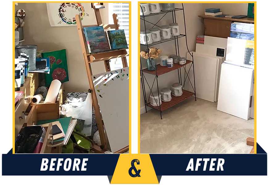 Before and after transformation of a cluttered art studio into an organized craft room with labeled shelving by Imagine Organizing — Home Organizing in Roswell