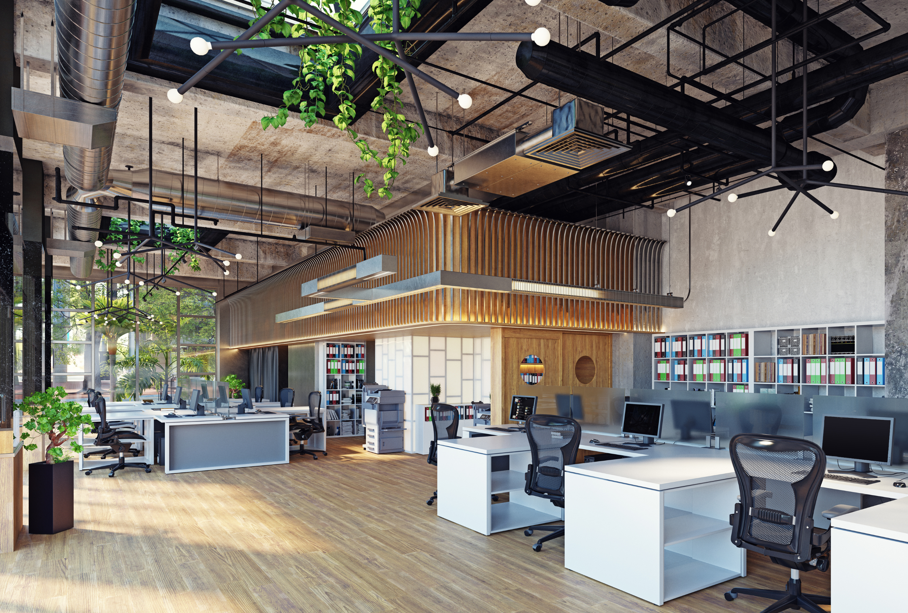 Modern open-plan office with hanging plants, exposed ductwork, and filing shelves — Business Organizing in Union City