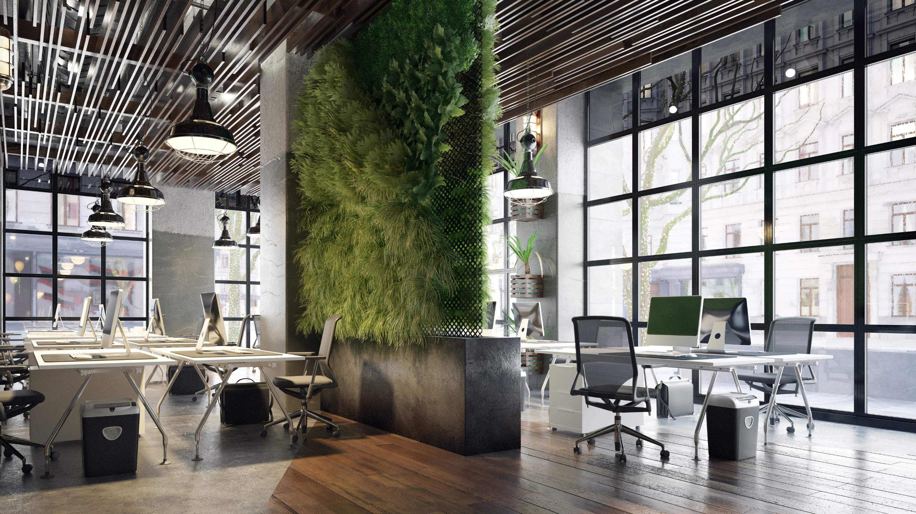 Office space with a live plant wall dividing rows of desks near floor-to-ceiling windows — Business Organizing in Union City