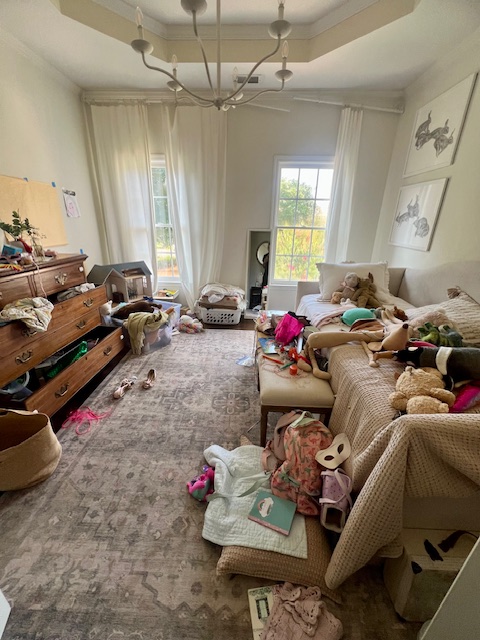 Cluttered girl's bedroom before Imagine Organizing's home organizing service, with toys and clothes scattered throughout