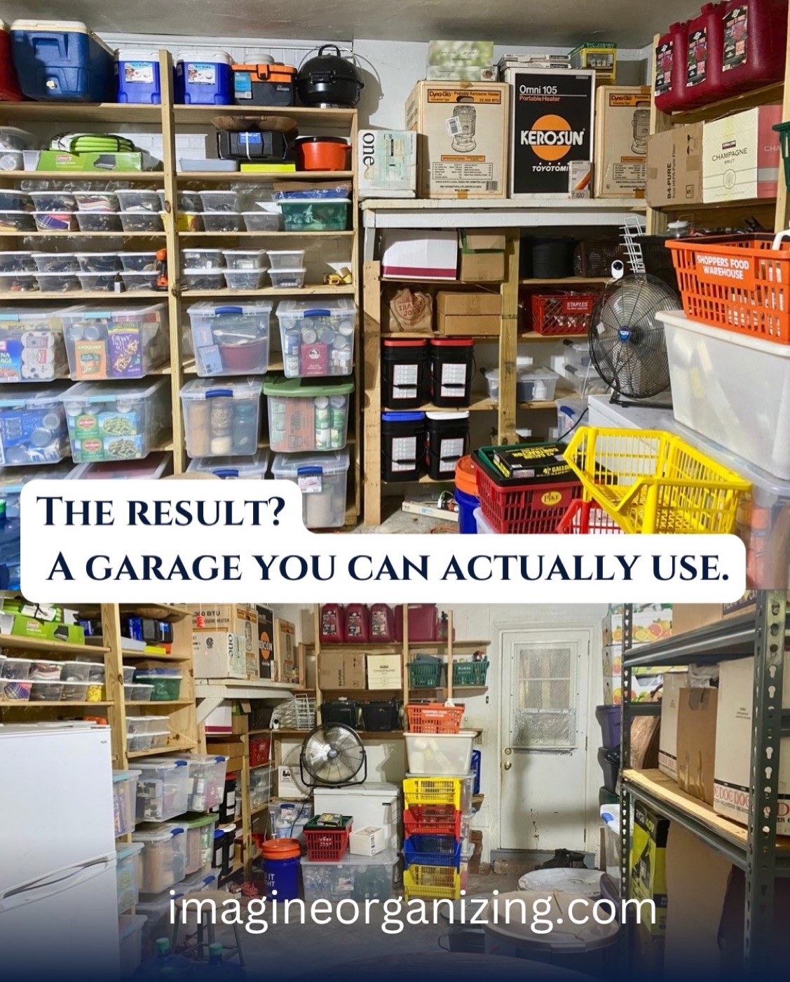 Finished organized garage with clear bins on shelves, a garage you can actually use — Home Organizing in Roswell