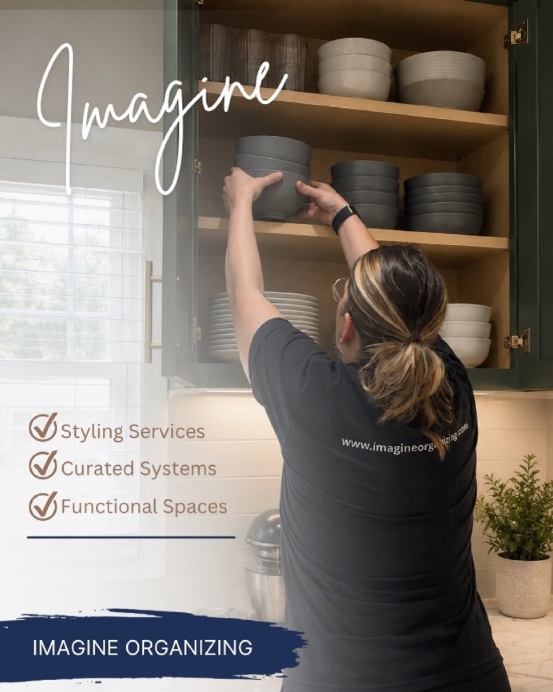 Imagine Organizing team member placing stoneware bowls in a kitchen cabinet — Concierge Services in Chamblee
