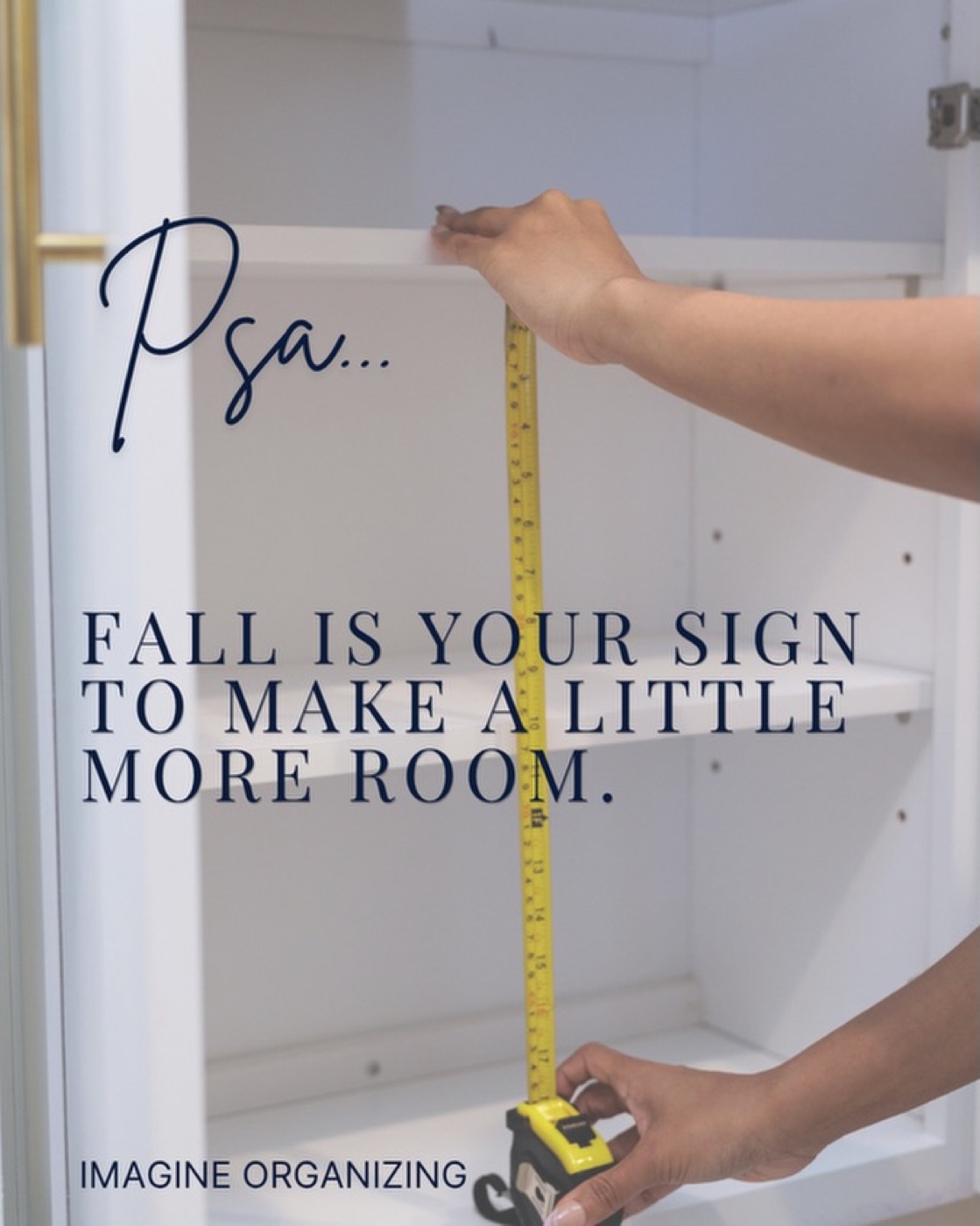 Hands measuring an empty white cabinet shelf with a yellow tape measure — Interior Design in Clarkston