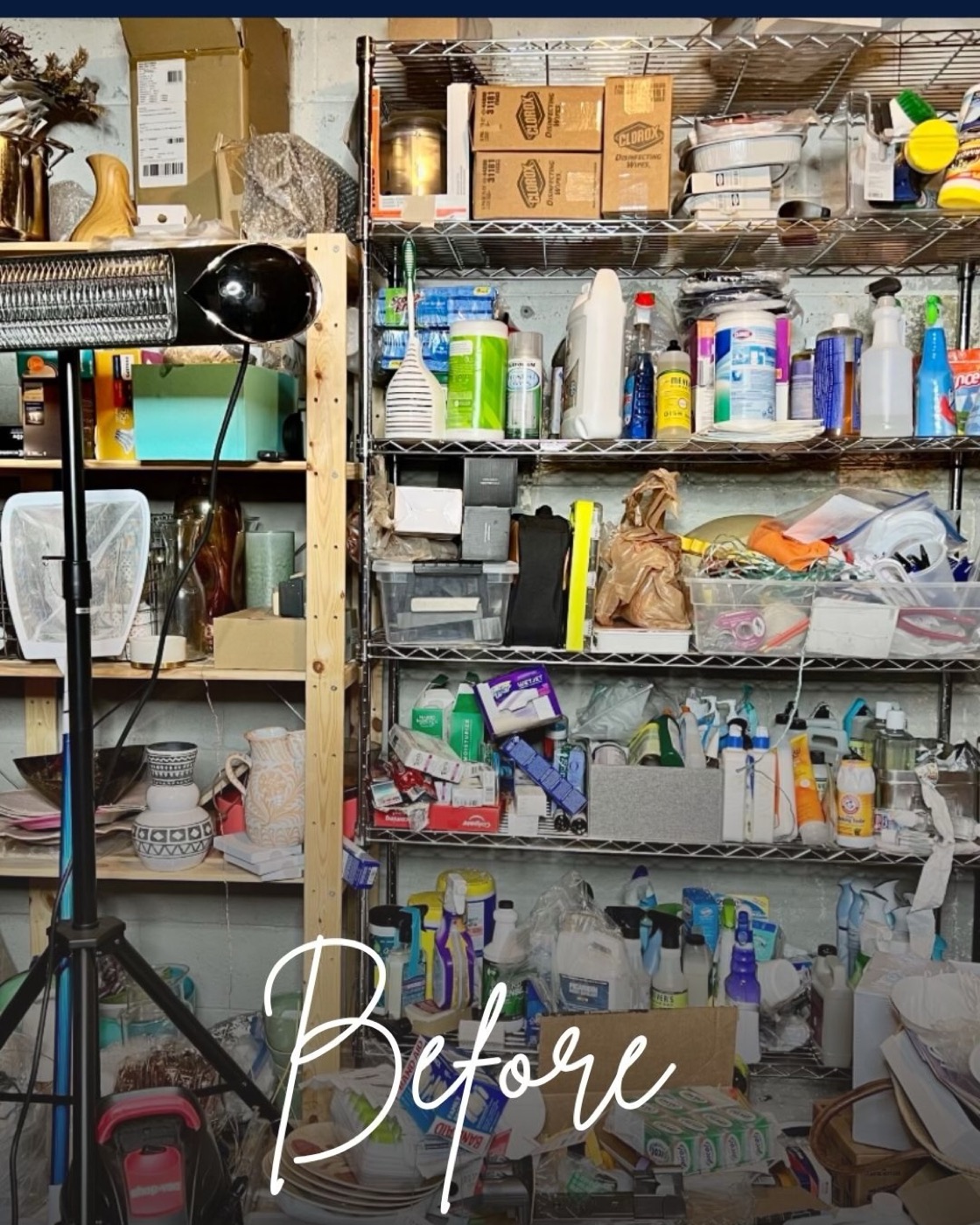 Cluttered wire shelving crowded with cleaning supplies and loose items before organizing — Home Organizing in College Park